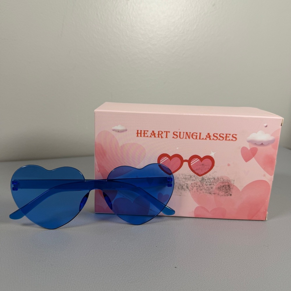 7 Blue Heart Shaped Sunglasses Rimless Translucent Plastic Retro Party Shades